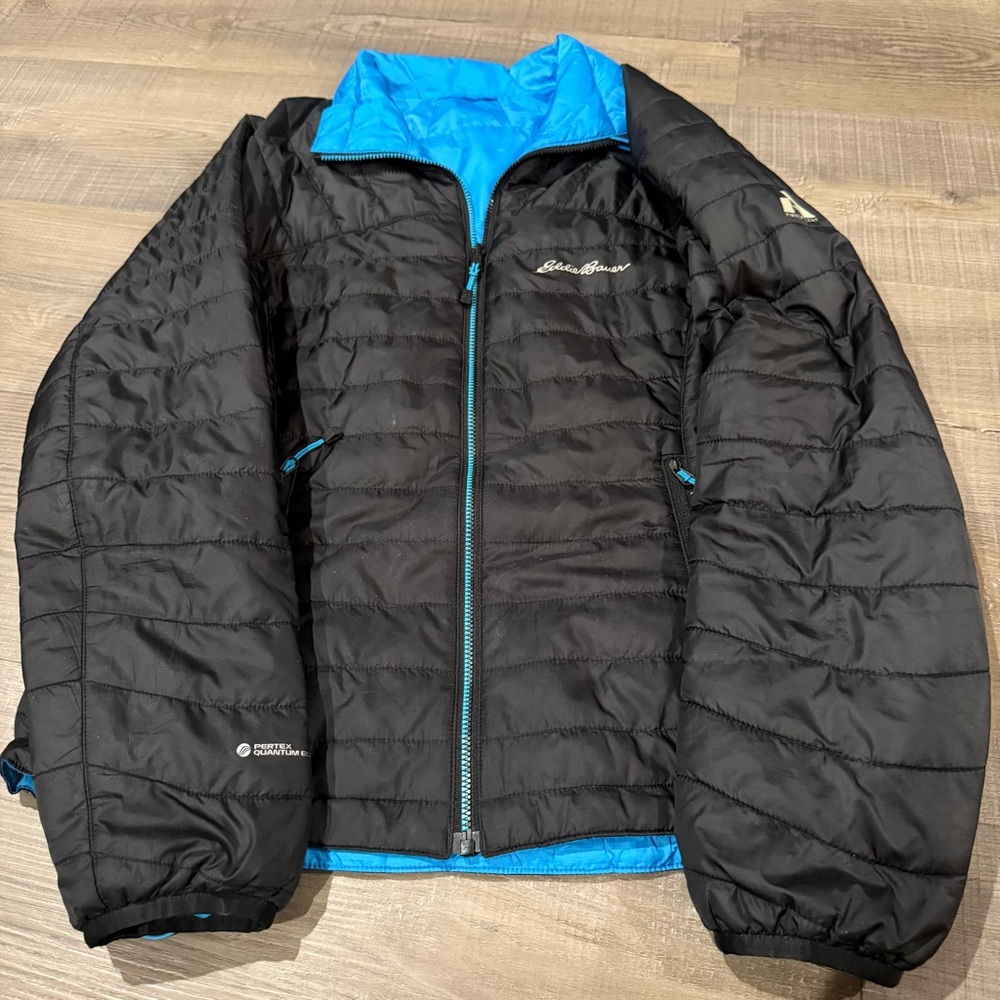Eddie Bauer Black Puffer Jacket with Blue Accents